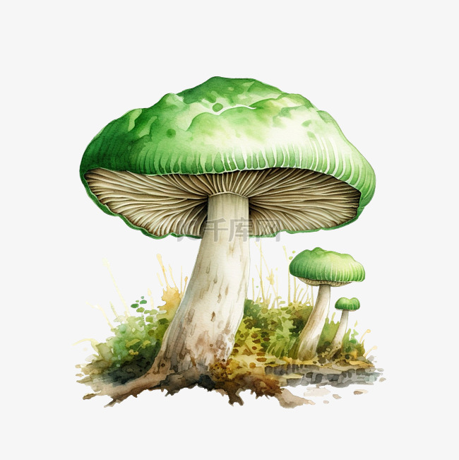 绿色开裂红菇水彩插图