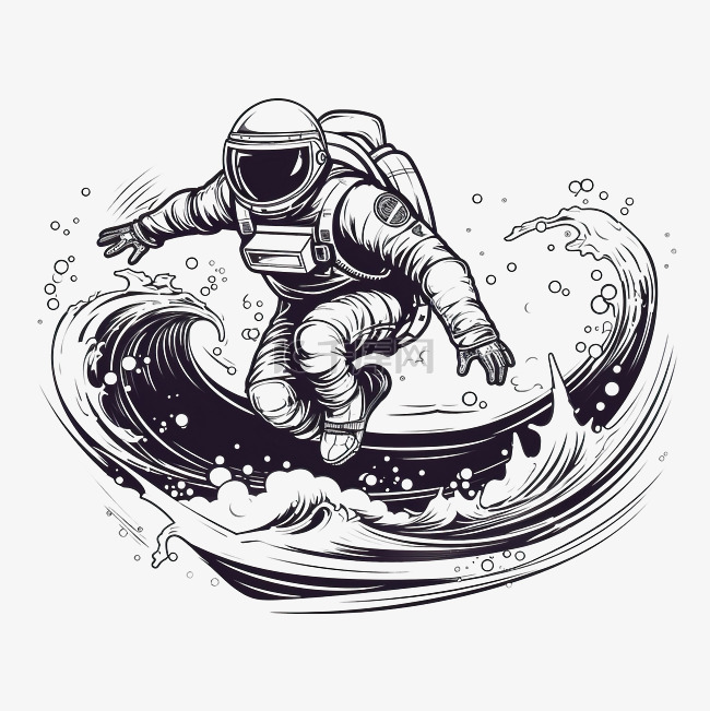 冲浪宇航员线条艺术插画