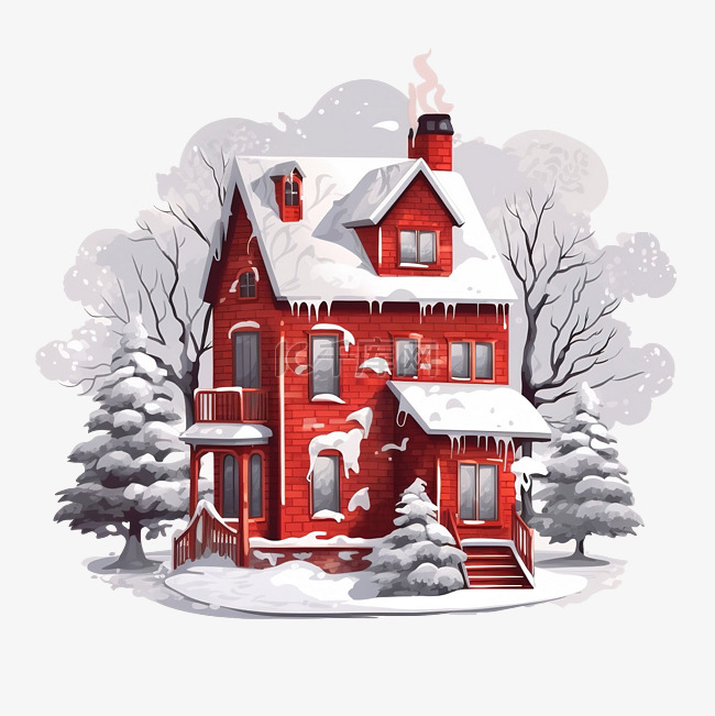 红房子冬天png插图