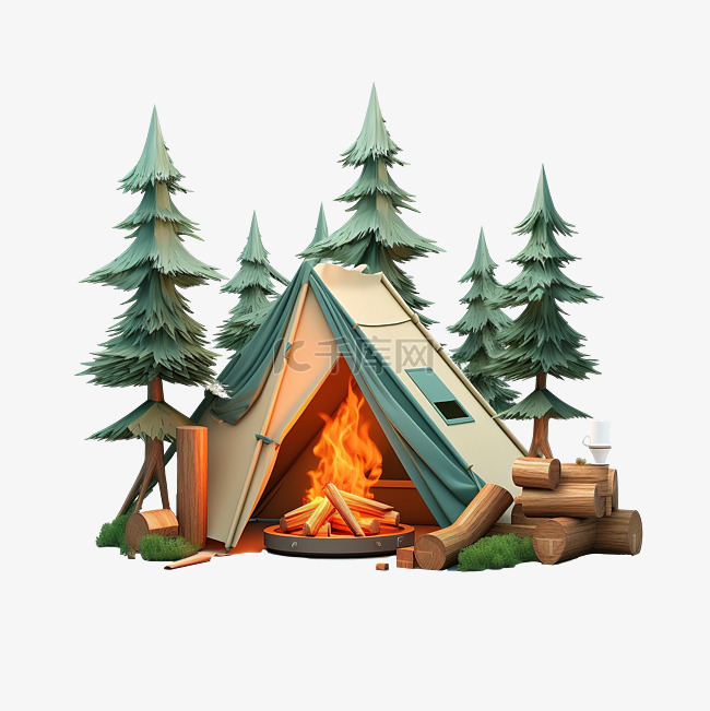 3D 卡通篝火和松林中的帐篷 