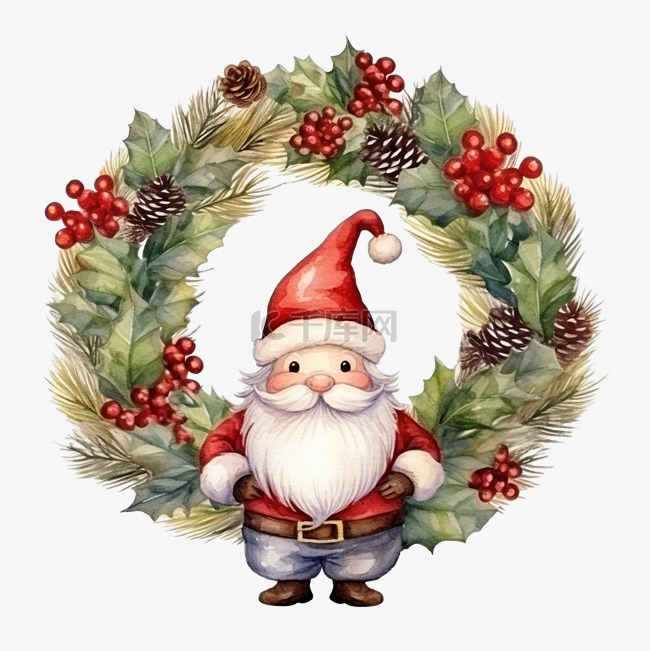 圣诞冬青花环与侏儒水彩插图