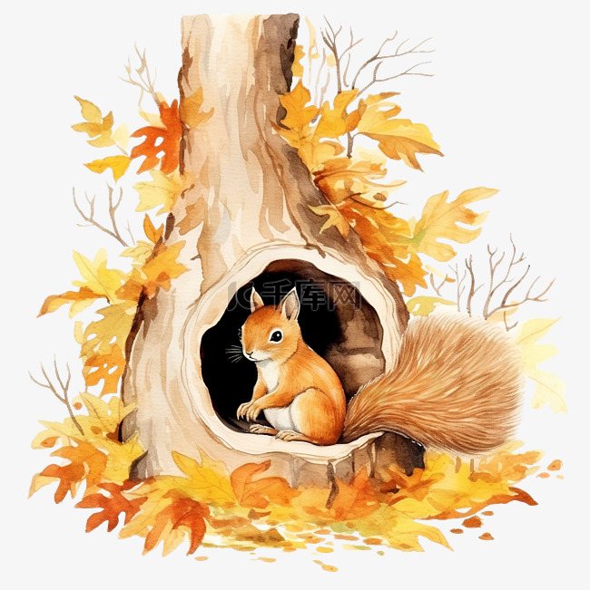 秋季空心树中松鼠的水彩画