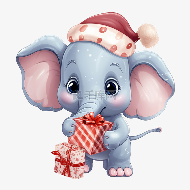 可爱的大象拿着圣诞糖果和礼物