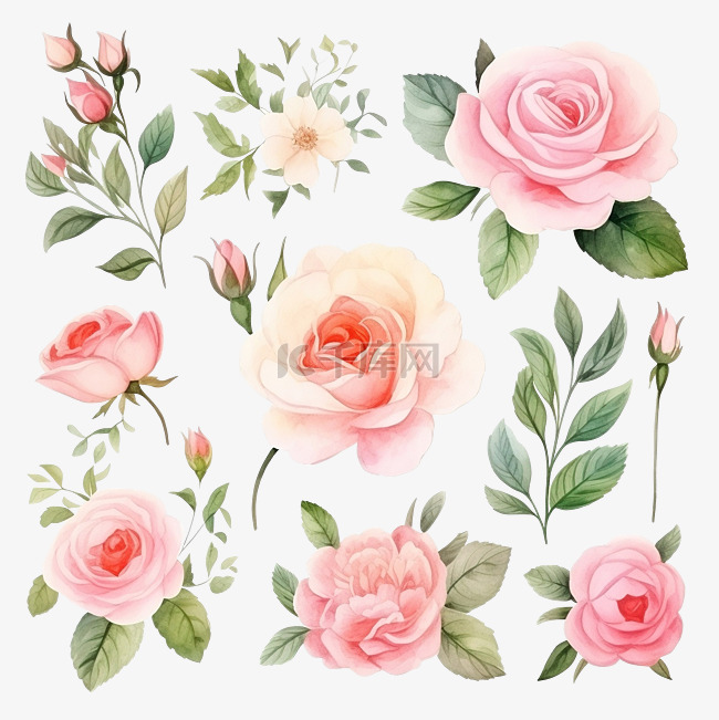 复古玫瑰的集合与分支彩色水彩粉