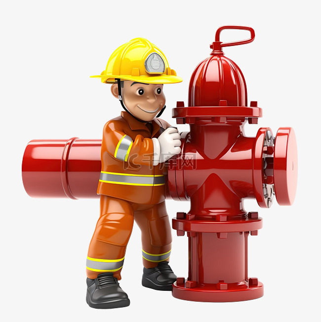 消火栓中的消防员安装管道 3D