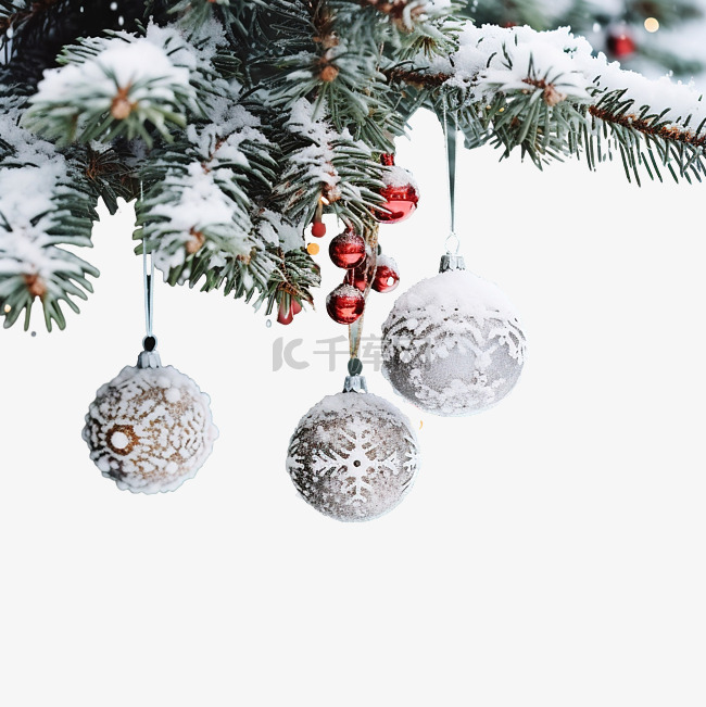 圣诞树上有漂亮的装饰，户外有雪