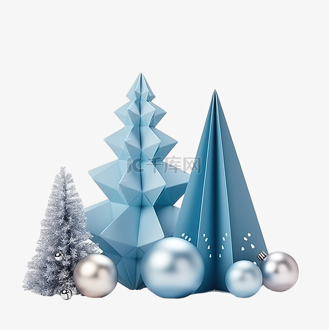 蓝纸圣诞树和银球的组合物