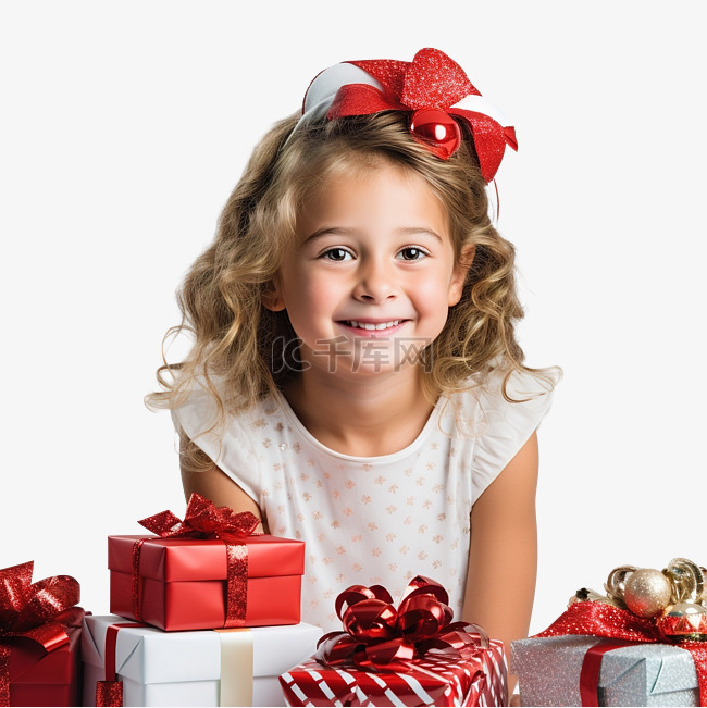 圣诞小女孩带着圣诞装饰品和礼物
