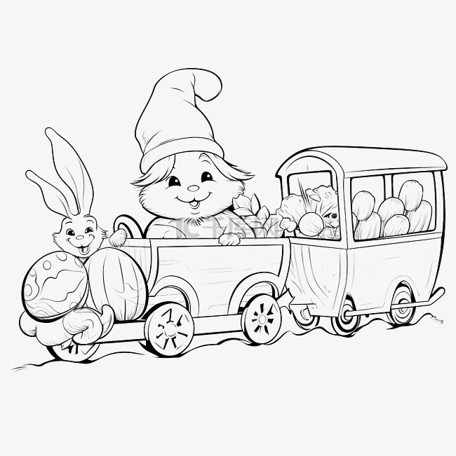 侏儒乘坐火车兔子复活节彩蛋矢量