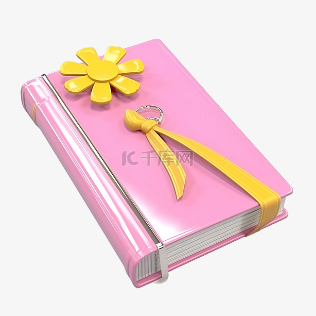 3d 粉红色笔记本与黄色书签 