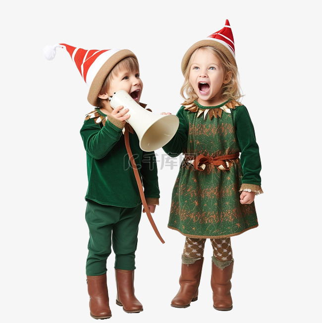 快乐可爱的小男孩和女孩穿着绿色