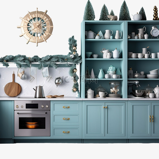 薄荷蓝色厨房内饰和圣诞装饰在家