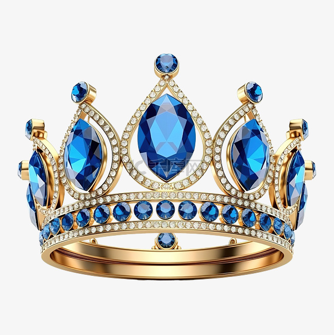 3d 渲染金冠与三颗蓝色钻石隔离