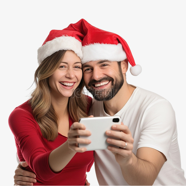 戴着圣诞帽拥抱微笑的丈夫和妻子