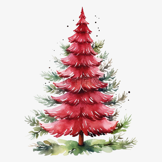 圣诞树红色可爱水彩手绘用于制作