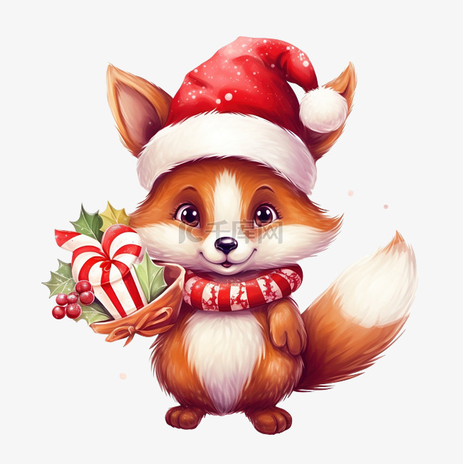 可爱的卡通圣诞狐狸戴着帽子，戴
