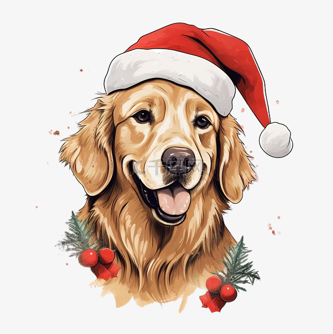 戴着圣诞帽卡通人物的金毛猎犬