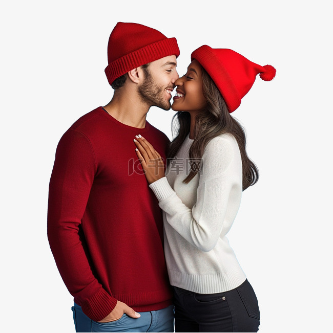 快乐的多种族年轻夫妇戴着圣诞红