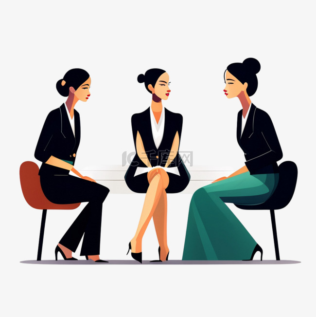三个女人正坐在一起开会心插画元
