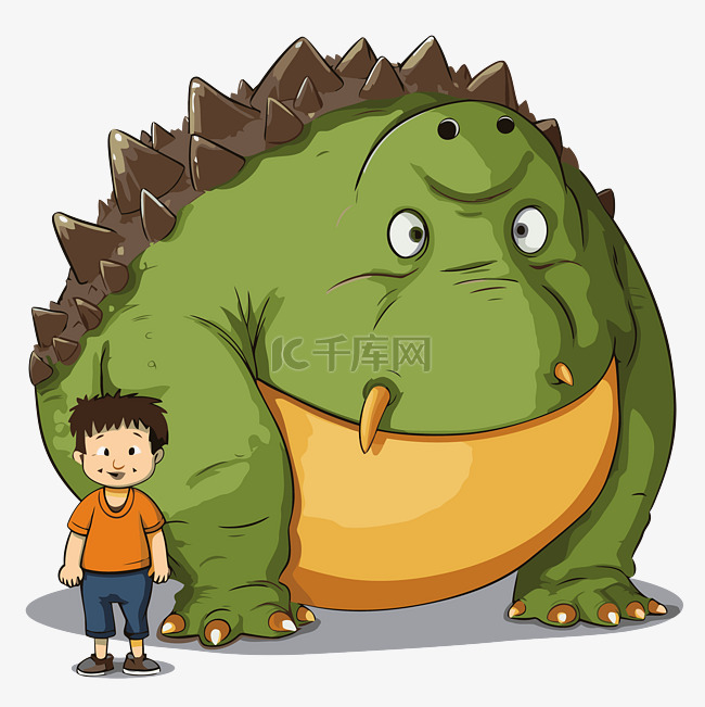 大剪贴画男孩站在一个大恐龙插画