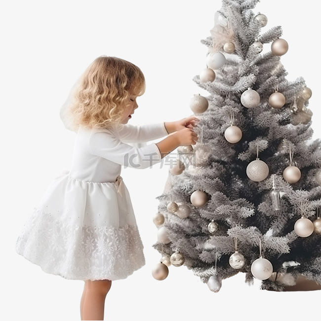 可爱的女孩在室内装饰圣诞树