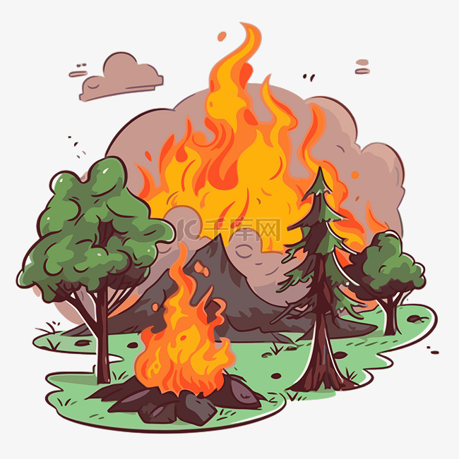 野火剪贴画涂鸦森林火灾和树木的