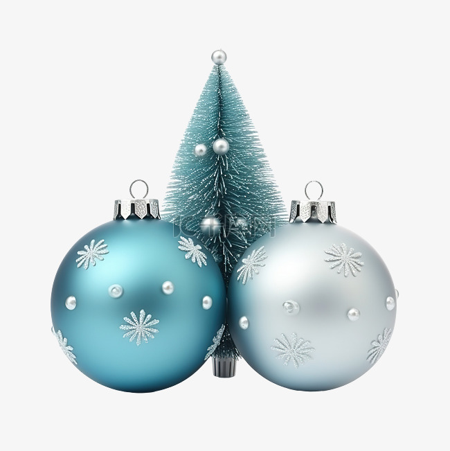 带有蓝纸杉树和银球的圣诞组合物