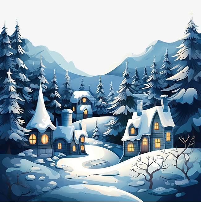 圣诞冬季度假屋插画与雪堆中的夜