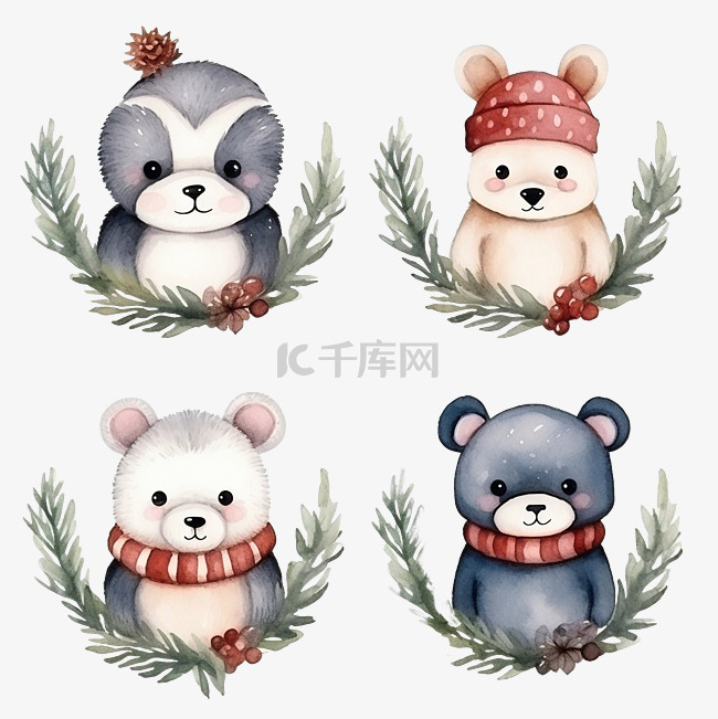 水彩插图集可爱的冬季动物和圣诞