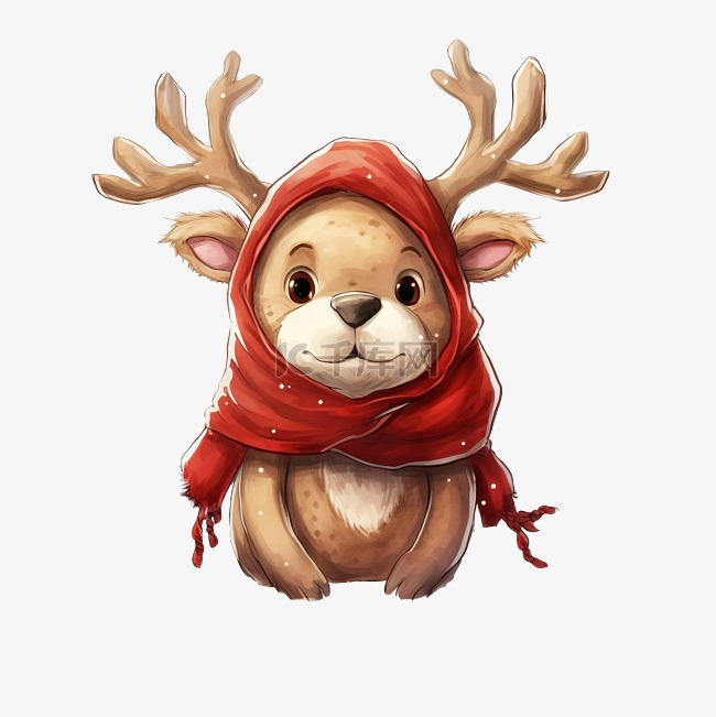 可爱的圣诞驯鹿戴着圣诞帽和围巾