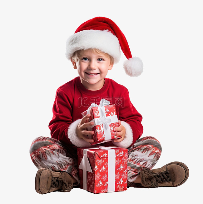一个穿着圣诞老人衣服的孩子坐在