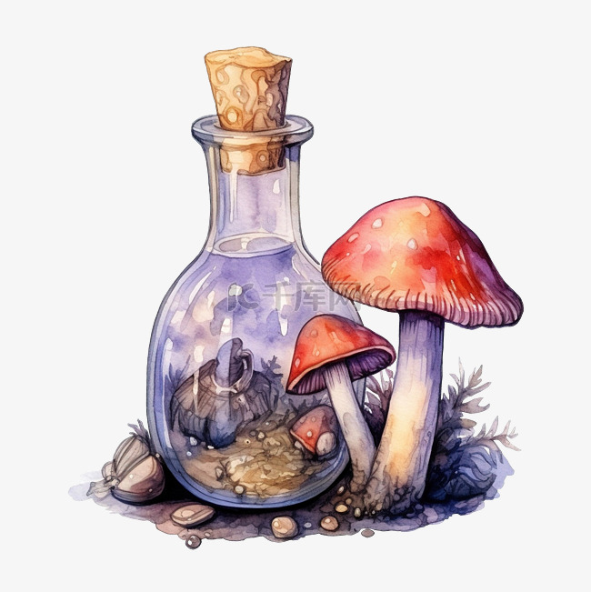 水彩插图与一瓶药水护身符蘑菇巫