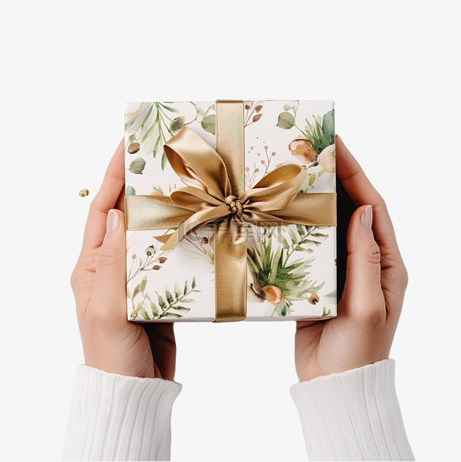 特写包装礼物在手圣诞自然装饰盒
