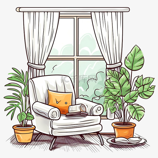 手绘扶手椅，配有植物和窗户室内