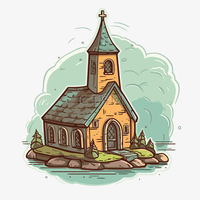 海岛上的教堂卡通背景 向量