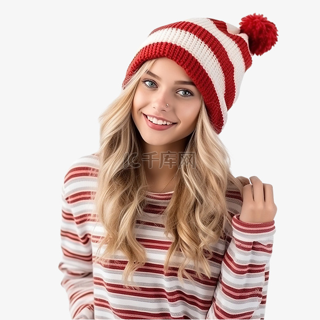 在圣诞集市上，戴着红色针织帽拿