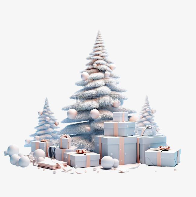 夜雪粘土插画下的礼盒和圣诞树