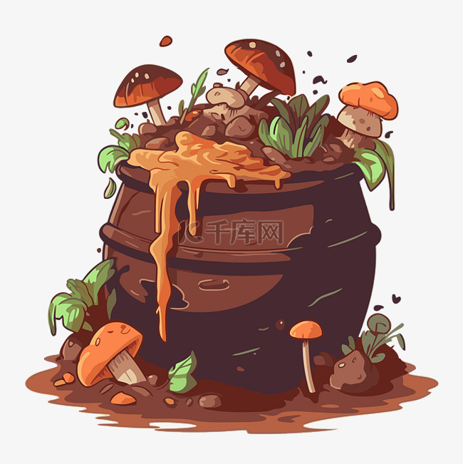 堆肥剪贴画一盆蘑菇，里面粘着泥