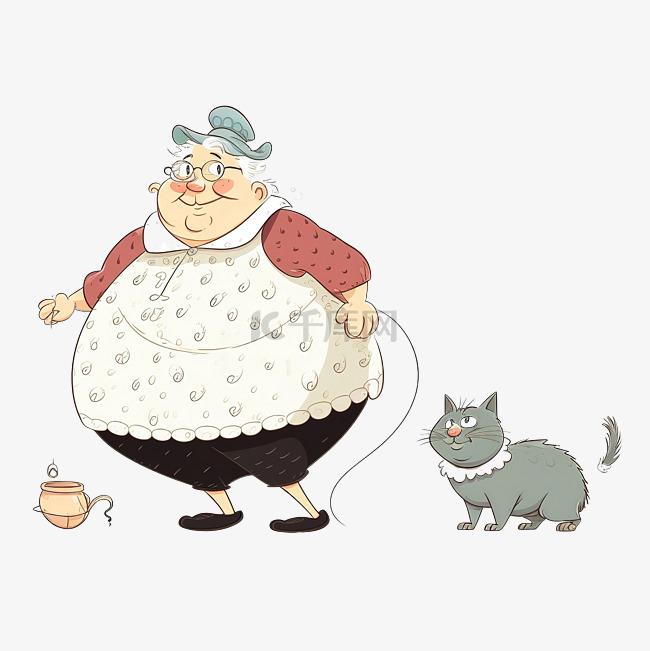 有趣的老年肥胖家庭主妇带着她肥