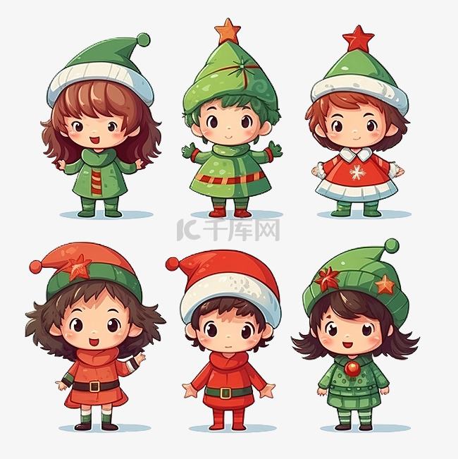 一组穿着圣诞树服装角色的男孩和