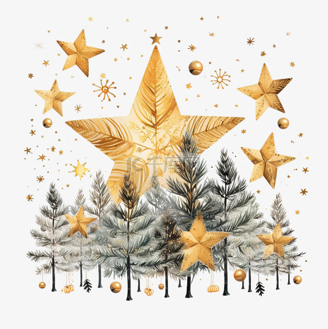 快乐圣诞快乐金色星星和冷杉叶子