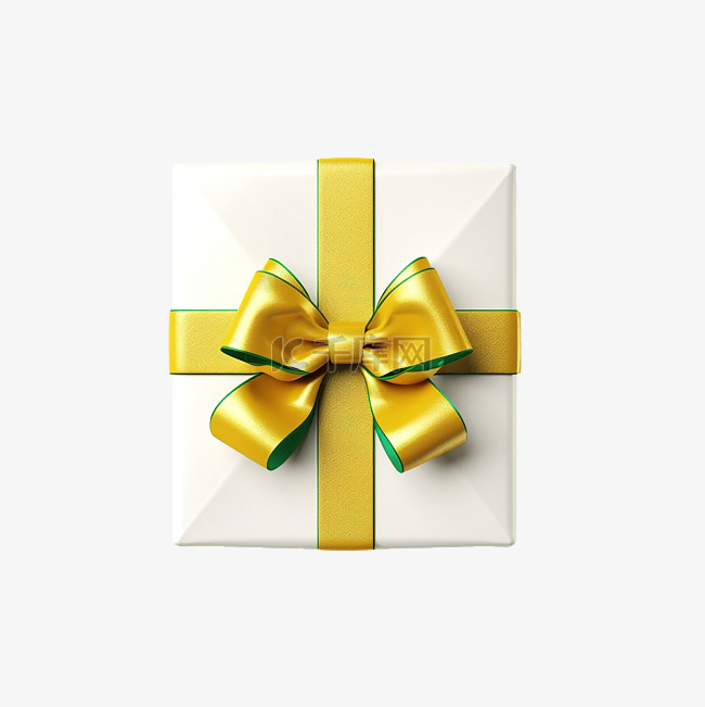 黄色圣诞礼物盒，有白色和绿色蝴