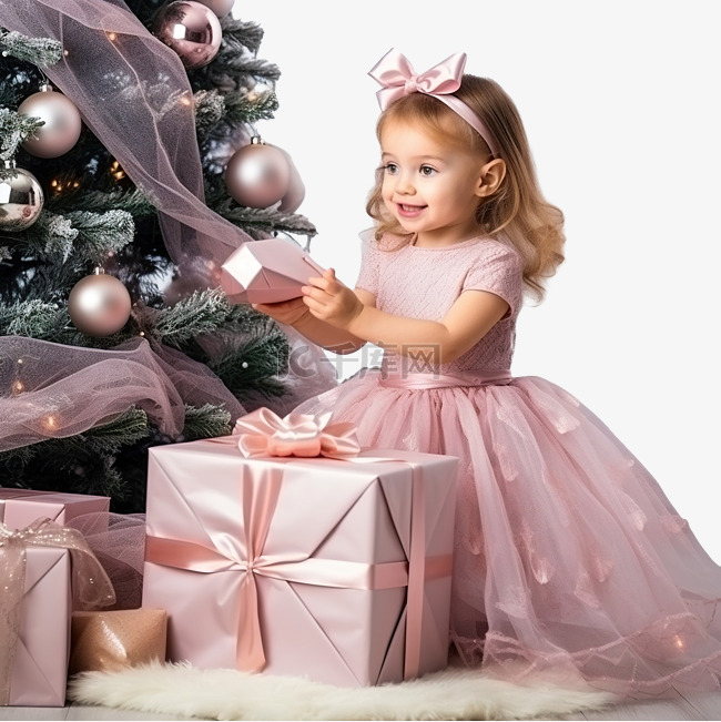 小女孩在圣诞树上打开圣诞礼物，
