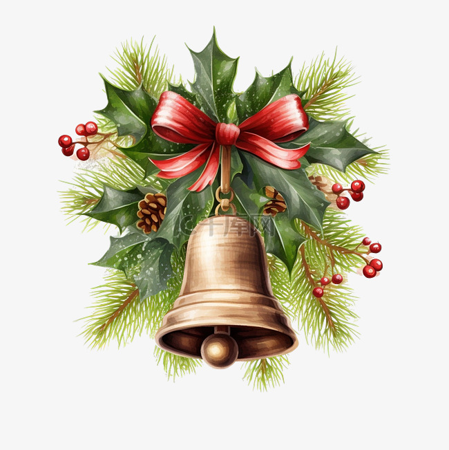 圣诞贺卡，配有冷杉树枝和木制铃