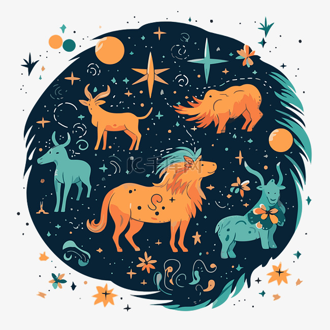 星座剪贴画生肖卡与动物和星星卡