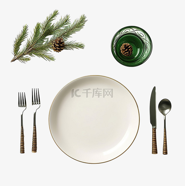 圣诞餐桌布置，配有冷杉树枝和绿