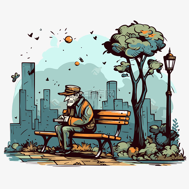 孤独剪贴画老人坐在公园长椅上卡