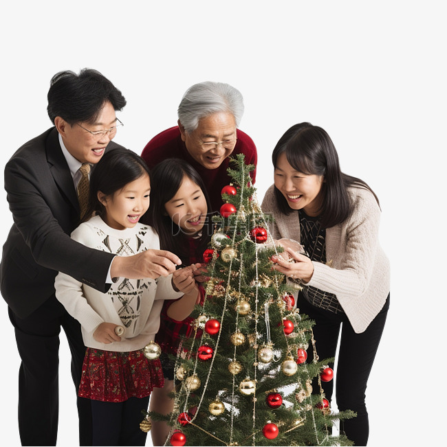 装饰圣诞树的多代亚洲家庭