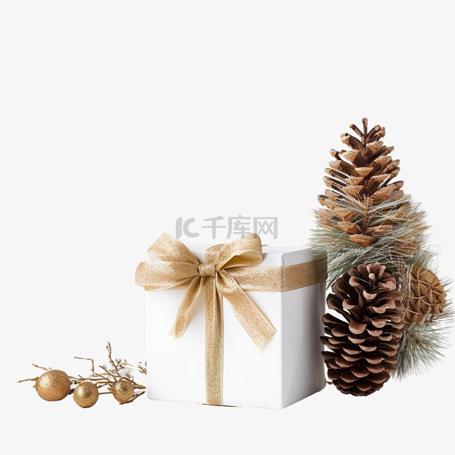 礼品盒，配有金丝带弓和树枝圣诞