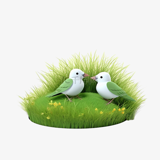 绿草田上天堂鸟的 3D 渲染图像